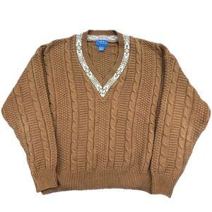 Cambridge Classics Sweater Mens L Brown V-Neck Cable Knit Cotton Geometric Trim